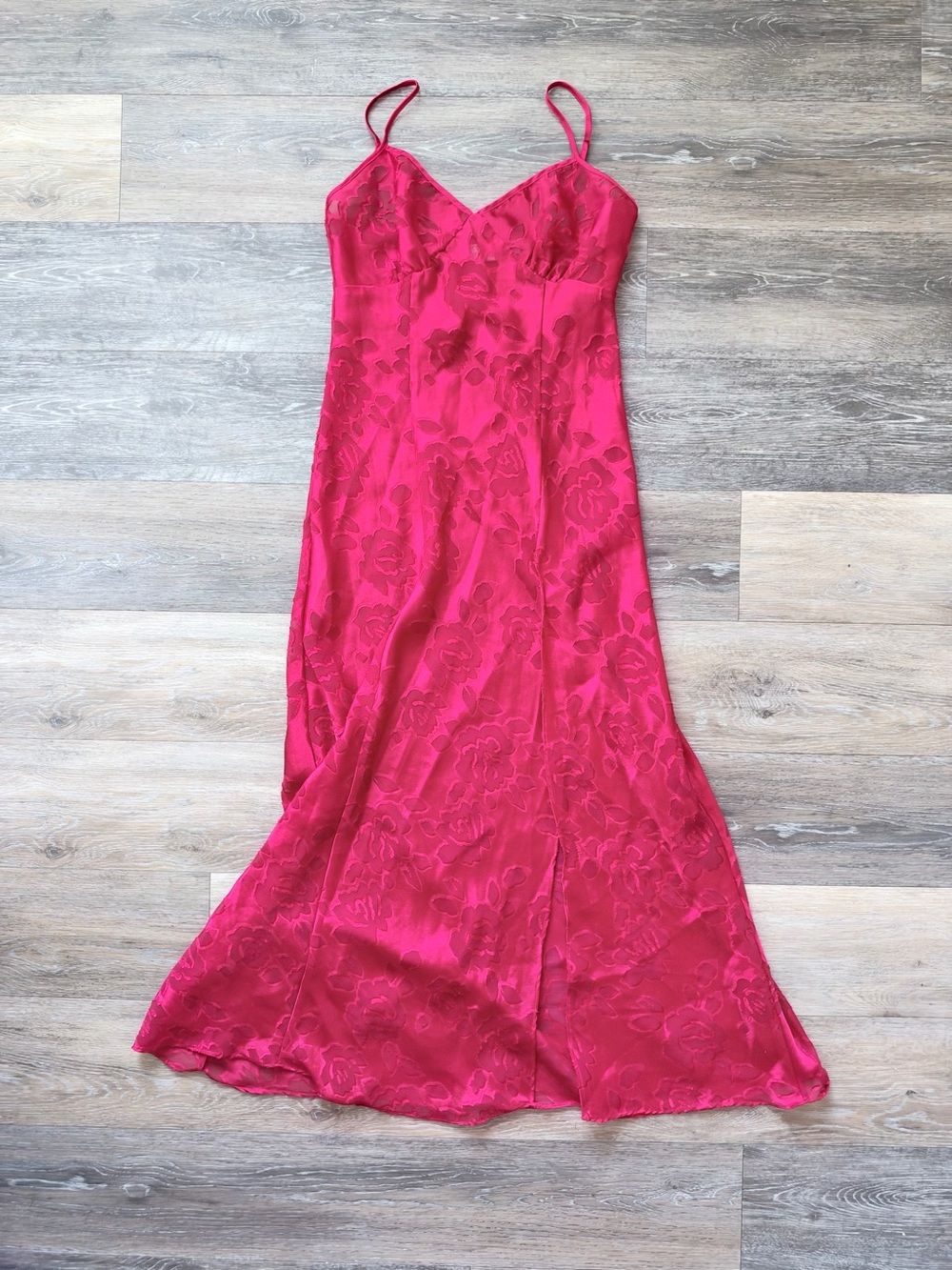 Victoria's Secret Gold Label Size P Slip Nightie Red Floral Lace Maxi High Slit
